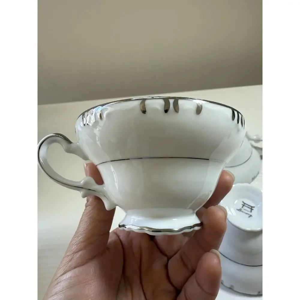 Barony collection by Fine China of Japan Tea Cups White Silver Rim Gray 3.5